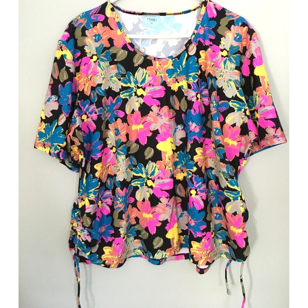 ModLi Hawaiian Blouse Womens 4X Black Floral Ruched Drawstring Side Stretch‎